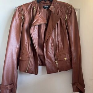 Bebe Women's Tan Leather Jacket with Gold Accents